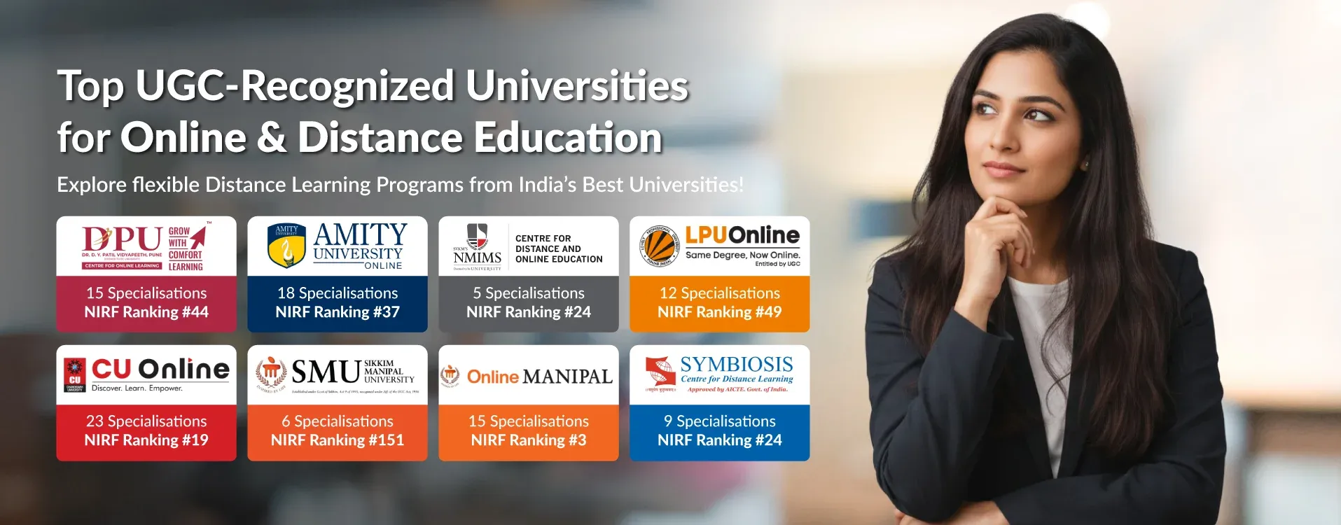 A professional woman looks thoughtfully to the side beside a banner showcasing top UGC recognized universities for online and distance education in India. The image displays logos and details for DPU Online, Amity University Online, NMIMS, LPU Online, CU Online, SMU, Online Manipal, and Symbiosis, highlighting multiple specializations and NIRF rankings for online MBA programs. It emphasizes choice and credibility for learners exploring flexible online MBA options from leading universities.