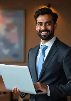A smiling professional man in a suit stands indoors holding an open laptop, suggesting confidence and career readiness in a modern work environment. The image aligns with online MBA and online education themes, showing how ed tech supports professional growth and flexible learning for working professionals.